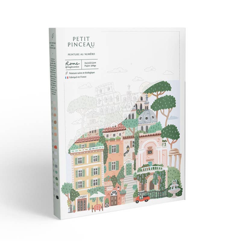 The Paint By Number Kit - Rome invites aspiring artists to paint vibrant Roman architecture, trees, and a charming red car. The front of the box displays a partially finished image to inspire creativity.