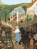 The Lady of the Garden - 750 Piece Spring Jigsaw Puzzle depicts a woman carrying a mug walking along a garden path past a greenhouse and three ducks toward a small cottage.