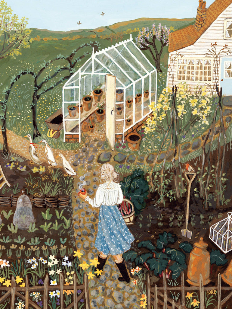 The Lady of the Garden - 750 Piece Spring Jigsaw Puzzle depicts a woman carrying a mug walking along a garden path past a greenhouse and three ducks toward a small cottage.