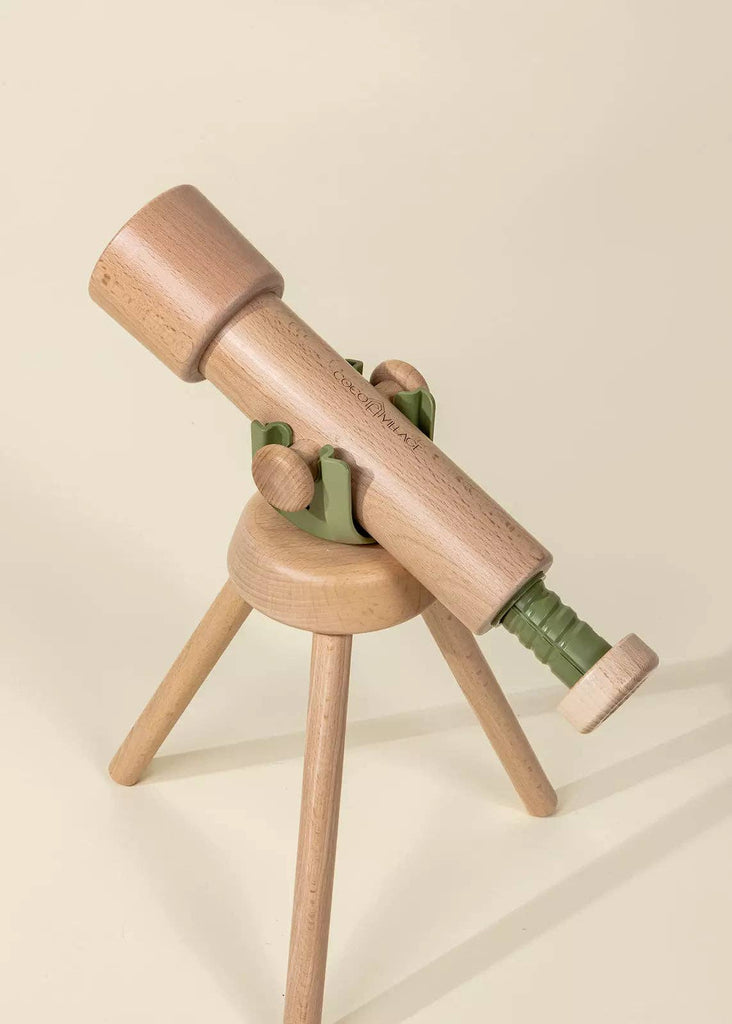The Wooden Tripod Telescope – 15x Zoom features green accents, a sturdy three-leg design, and is perfect for pretend play, shown here against a plain cream background.