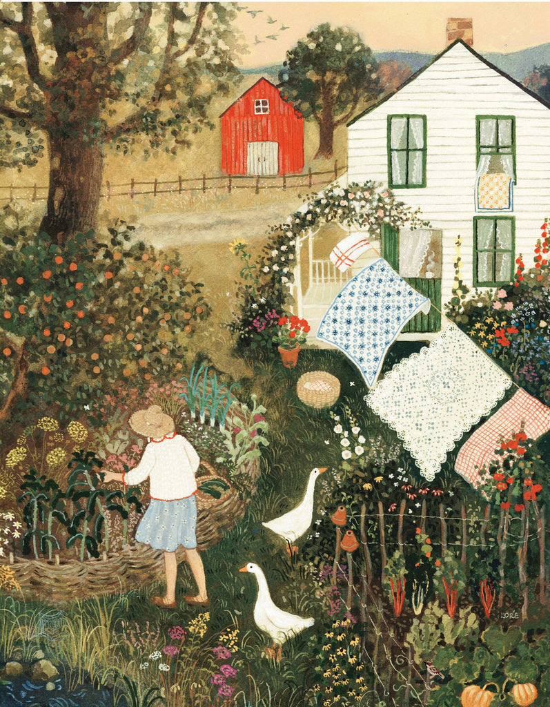The September’s Flush Mini - 100 Piece Mini Puzzle depicts a woman in a sun hat harvesting vegetables near two white geese and a white house with a clothesline, in the charming style of Loré Pemberton.