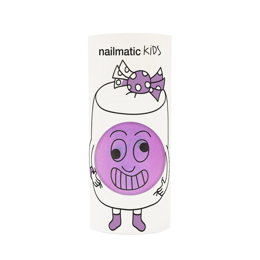 A bottle of Nailmatic Marshi kids nail polish featuring a cartoon design of a smiling purple character with pink details and a bow on its head, set against a white background. This washable nail polish is perfect.