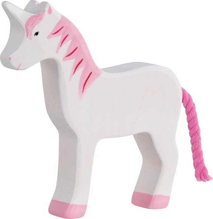 The Holztiger Unicorn is a handcrafted wooden toy painted white with pink accents on its mane, tail, and hooves. It features a minimalist design and gentle expression, reflecting the charm of high-quality European wooden toys.