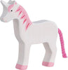 The Holztiger Unicorn is a handcrafted wooden toy painted white with pink accents on its mane, tail, and hooves. It features a minimalist design and gentle expression, reflecting the charm of high-quality European wooden toys.