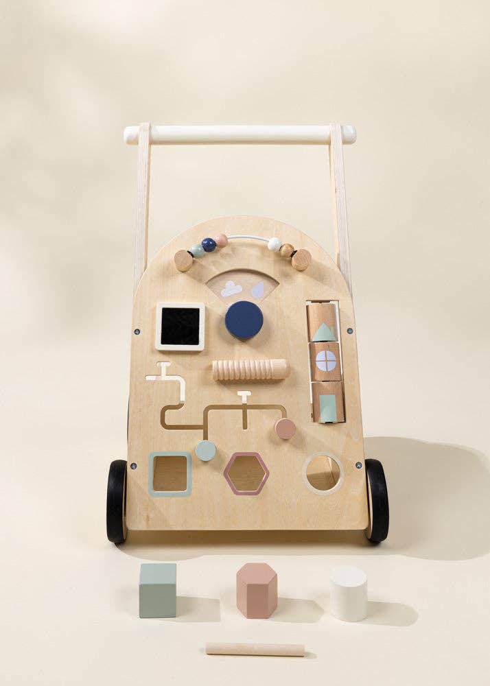 The Wooden Activity Walker is designed with wheels and interactive elements such as beads, shapes, gears, and blocks in soft pastel tones on a neutral backdrop. This engaging baby walker also serves as an ideal sensory toy to support your little one's development through play.