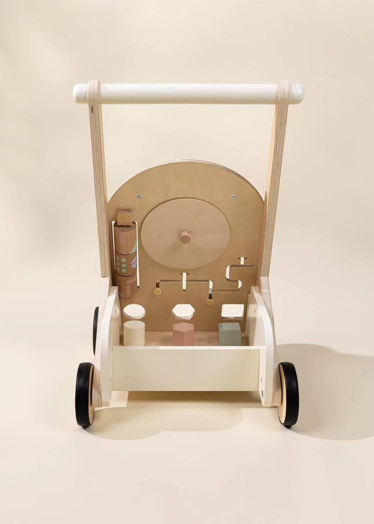 The Wooden Activity Walker features black wheels, a handle, and pastel geometric shape sorter blocks on a neutral background—making it perfect for little ones exploring sensory toys.