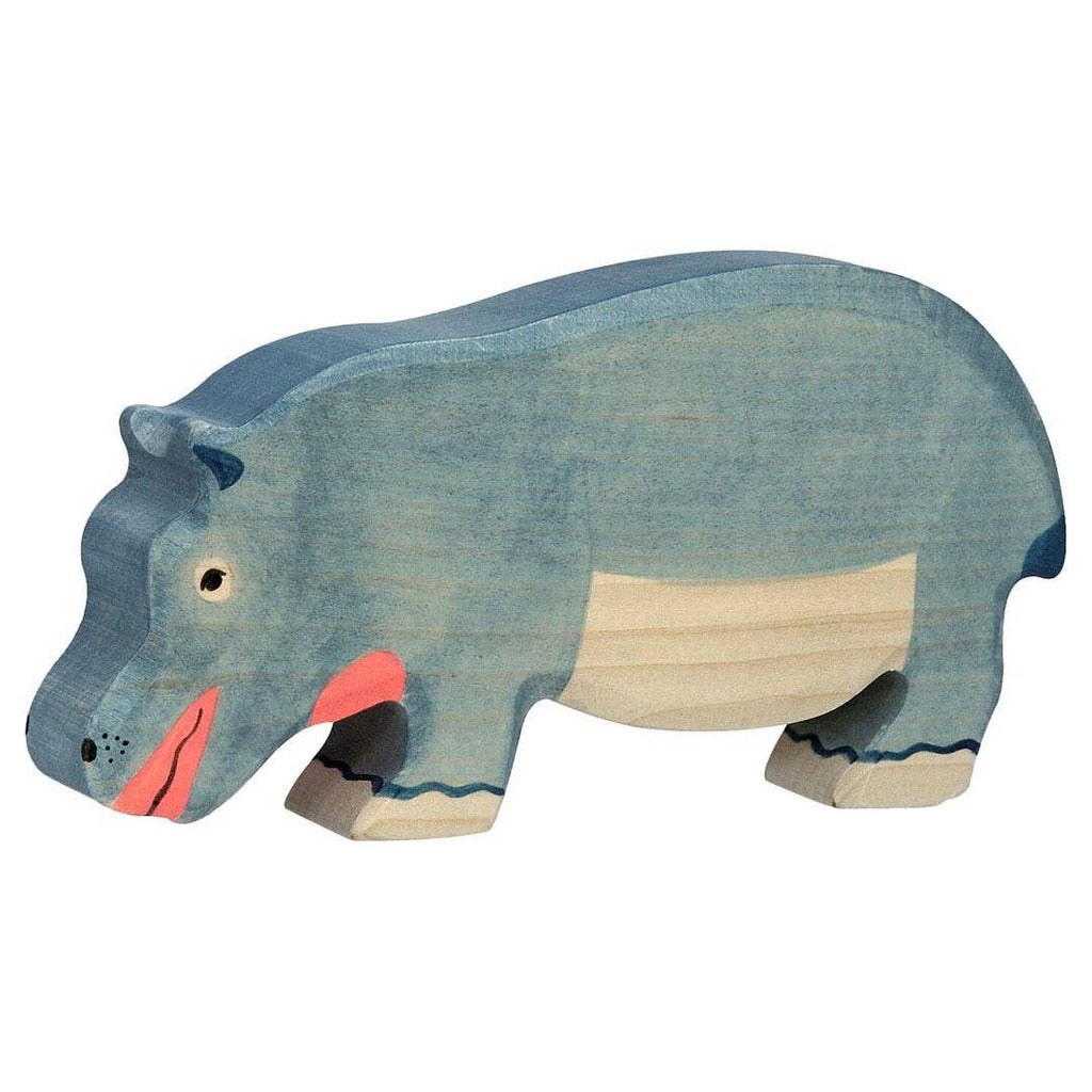 The Holztiger Hippopotamus, Feeding is a handcrafted wooden toy with blue paint, a beige underside, pink accents, and simple black details. Made in Europe, it’s part of the HOLZTIGER figures collection.