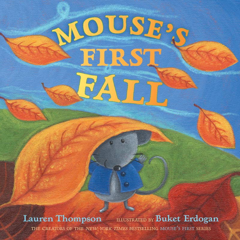 The book "Mouse's First Fall" features an illustrated cover with a cute gray mouse enjoying colorful, swirling fall leaves.