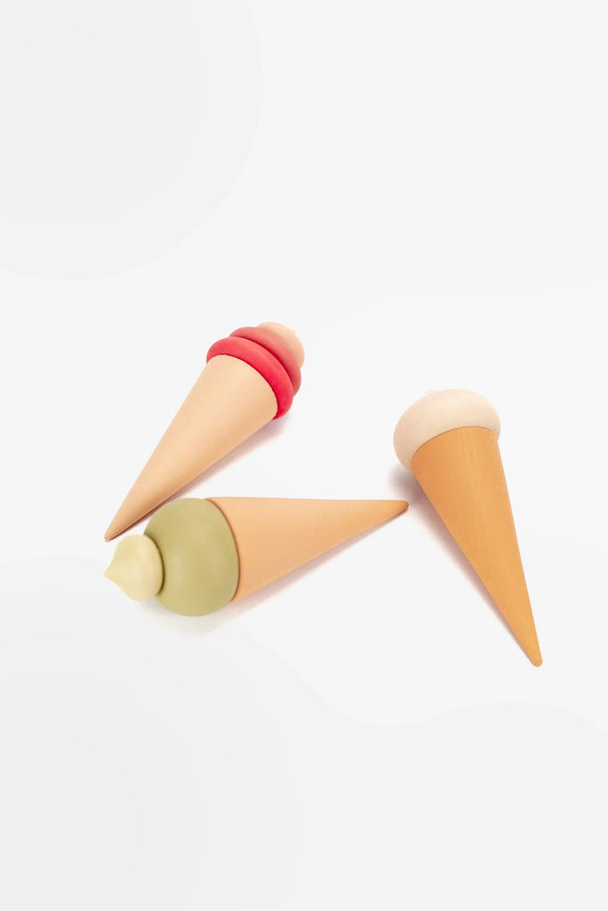 Three Handmade Ice Cream Cones staged upright on a white background, featuring pink, green, and white "ice cream" tops with beige "cones," all hand-painted with non-toxic water.