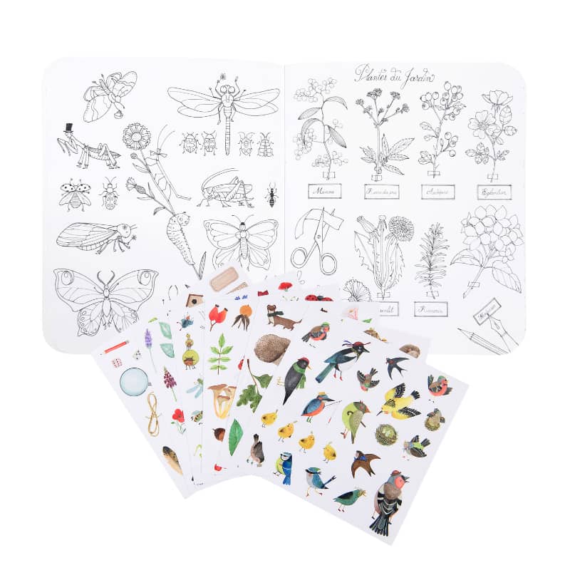 The Moulin Roty Botanist Coloring Book & Stickers features detailed fauna and flora illustrations with several sticker sheets of birds, animals, plants, and garden objects to decorate your coloring pages.