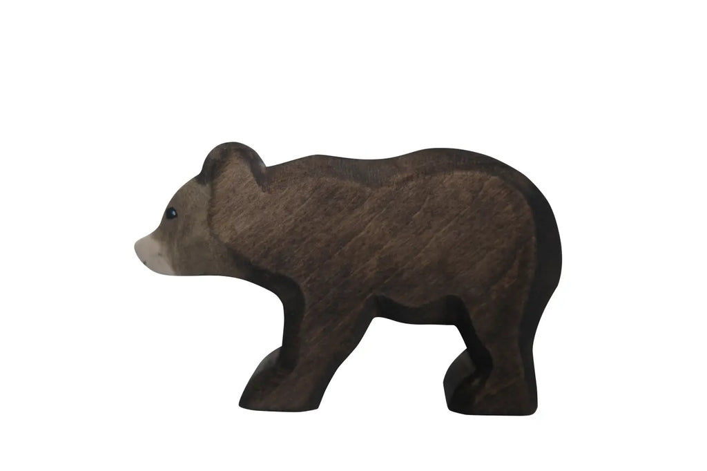 Handmade Holzwald Small Bear - Walking toy in a walking pose with a dark brown body and a light tan face.