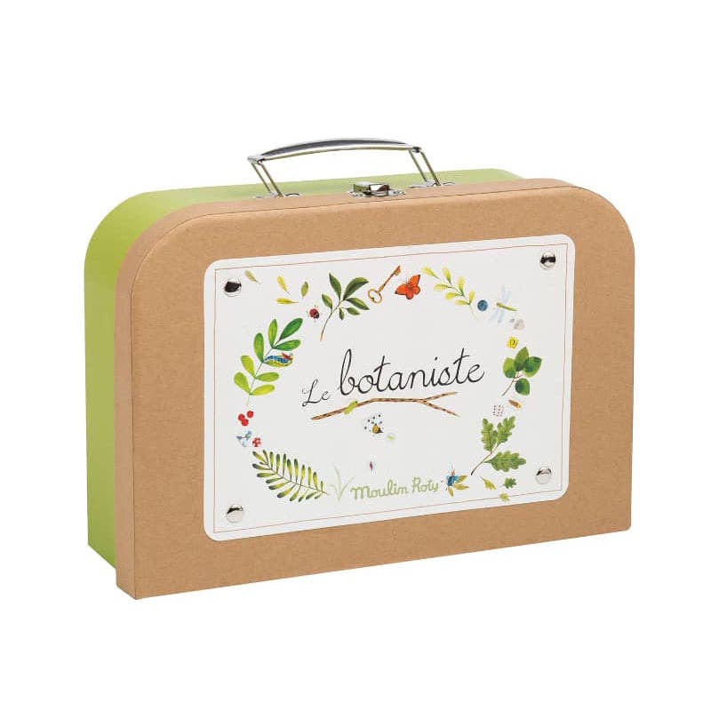 The Moulin Roty Botanist Suitcase is a small, light brown and green case for young botanists. It features plant and animal designs, "Le botaniste" and "Moulin Roty" labels, plus a silver handle—perfect for any garden collection.