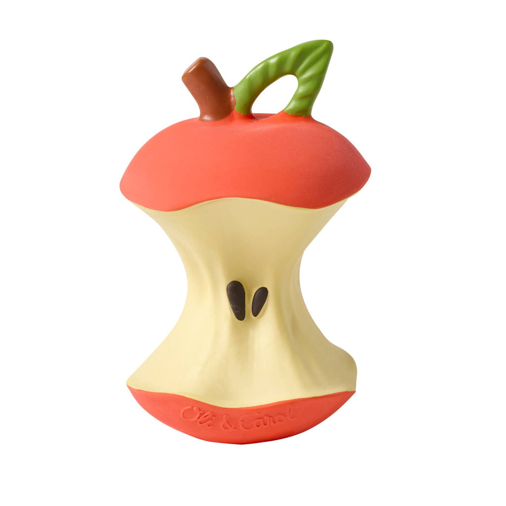 Pepa the Apple Teething Toy is a natural rubber baby toy shaped like a red and yellow apple core with a green leaf, brown stem, black seeds, and textured details—ideal for teething or as an eco-friendly bath toy.