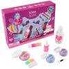 A Klee Naturals Deluxe Makeup Kit - Regal Queen Fairy featuring a box decorated with a fairy and unicorn, containing body lotion, lip shimmer, nail polish, two eyeshadow pots, a blush pot, and makeup applicators.
