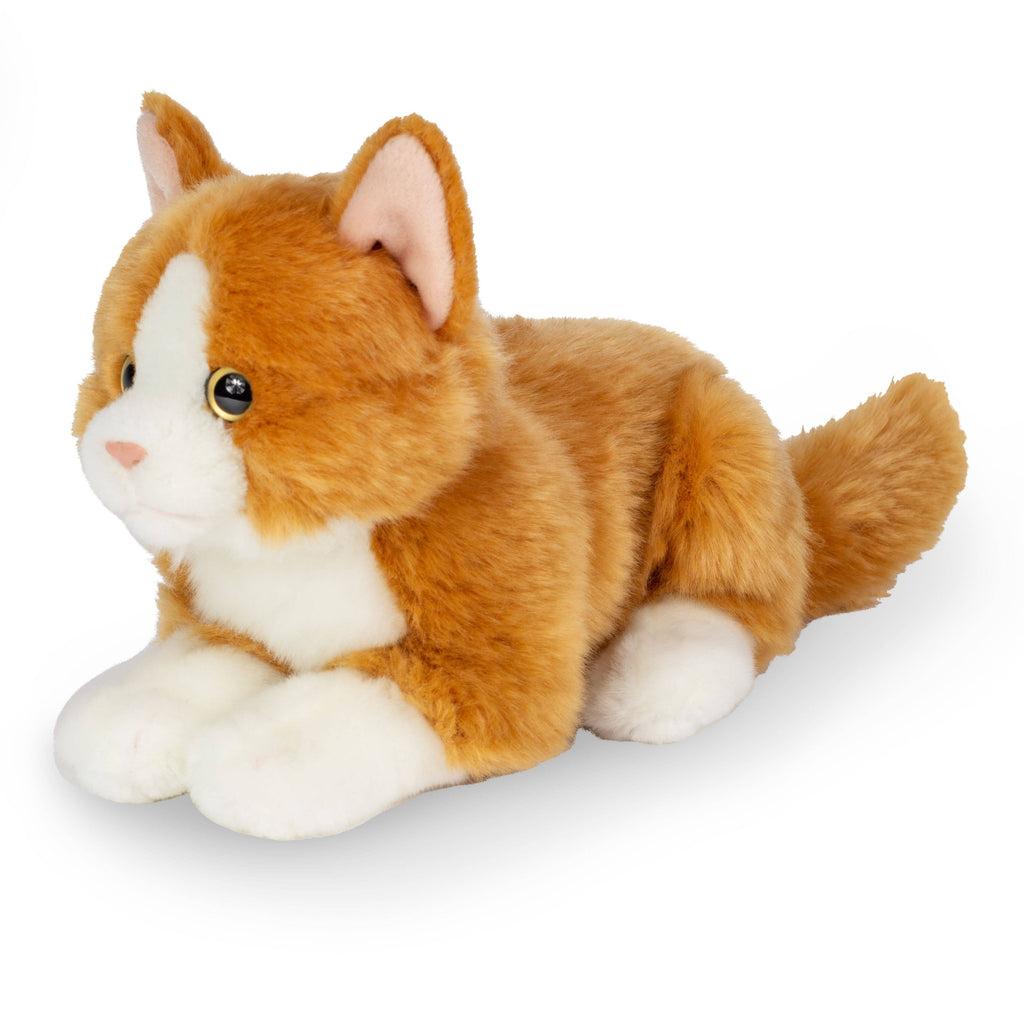 A high-quality plush toy from the Hermann Teddy Collection, the Teddy Hermann Orange Laying Cat Stuffed Animal, resembles an orange and white cat lying down with its front paws stretched out. This red kitten has soft fur, a bushy tail, and detailed features including black eyes and pink inside its ears.