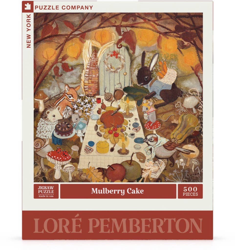 Mulberry Cake - 500 Piece Jigsaw Puzzle features woodland animals gathered around a table with food. This charming puzzle by Loré Pemberton is perfect for nature lovers.