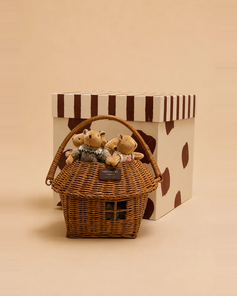 The "Little Forest Animals — The Thompson Family" rattan basket gift set, featuring three plush teddy bears, sits in front of a large cream box adorned with brown spots and stripes, all against a beige background.