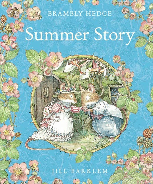The cover of "Summer Story by Jill Barklem" shows two mice in vintage clothes near a wooden door, surrounded by green leaves and pink flowers—capturing the charm of a mice wedding in a summer setting.