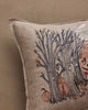 The Coral & Tusk Spooky Forest Pocket Pillow features embroidered leafless trees, pumpkins, and a hidden animal peeking through branches on a beige linen background.