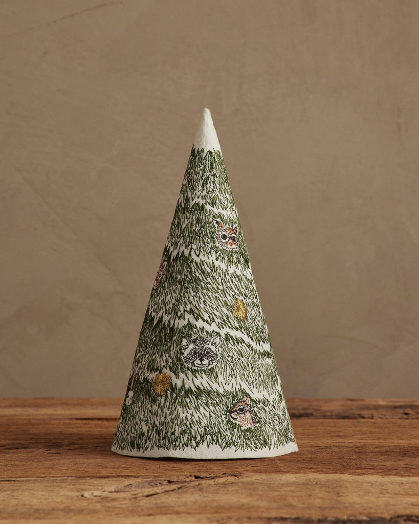 Coral & Tusk Peek a Tree Tree: a cone-shaped felt tree decorated with embroidered pine needles and small woodland creatures peeking out, perfect for holiday tabletop decor.