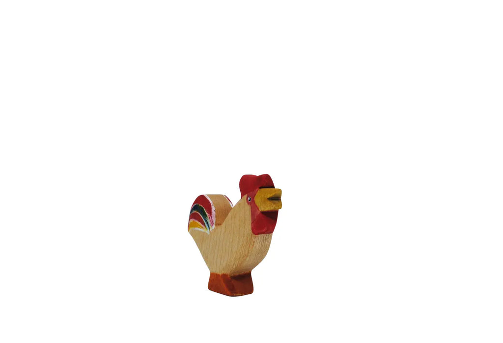 Handmade Holzwald Bremer Rooster figurine with a red comb and a multi-colored tail.