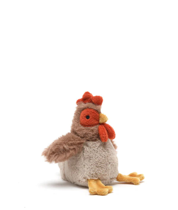 The Bubba Rooster Rattle is a plush toy chicken with brown and beige fur, a red comb and wattles, an orange beak, and yellow feet. It is seated against a plain white background and includes a baby rattle inside to encourage cause & effect learning.