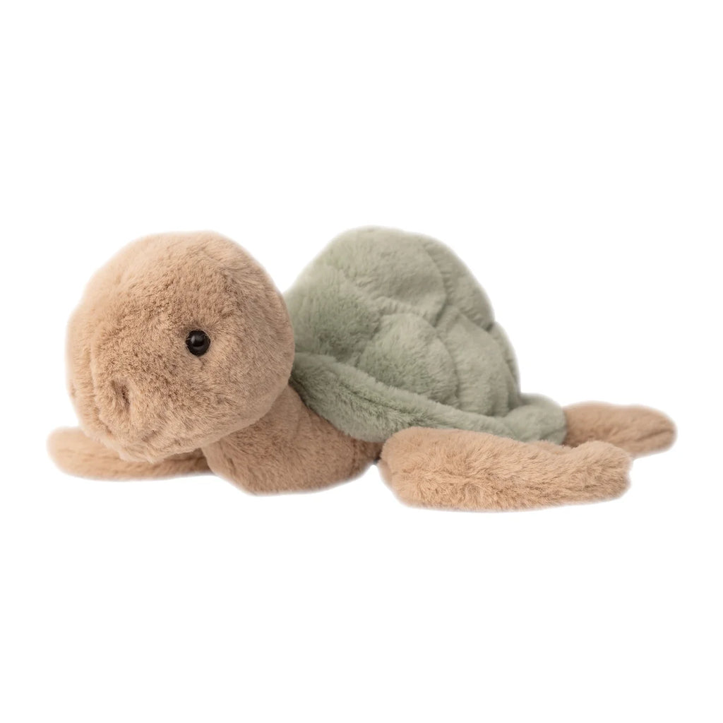 The Bukowski Baby Sandy Sea Turtle - Green - Medium is a plush toy with a soft brown head, legs, and tail, and a green shell, lying on its stomach—this cuddly stuffed animal is perfect for any ocean adventure.