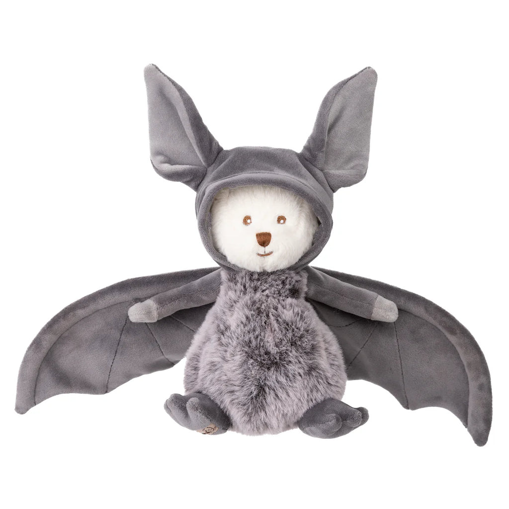 Bukowski - Ziggy Bat is a plush stuffed animal with a white face, brown nose, and soft gray Halloween bat costume featuring large ears, wings, and a fluffy body. It sits upright against a white background.