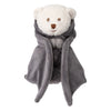Bukowski - Ziggy Bat is a plush white teddy bear with brown eyes and nose, wrapped in a soft dark gray hooded blanket tied at the front.