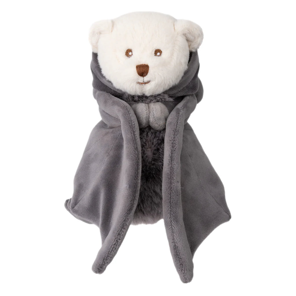 Bukowski - Ziggy Bat is a plush white teddy bear with brown eyes and nose, wrapped in a soft dark gray hooded blanket tied at the front.