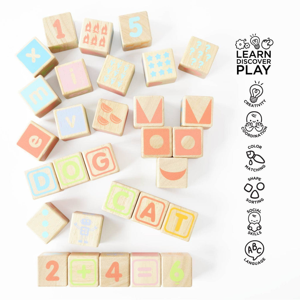 ABC Learning Blocks feature pastel letters, numbers, symbols, and shapes. This educational set boosts toddler creativity, coordination, sorting, social skills, and language development. Ships in one week.