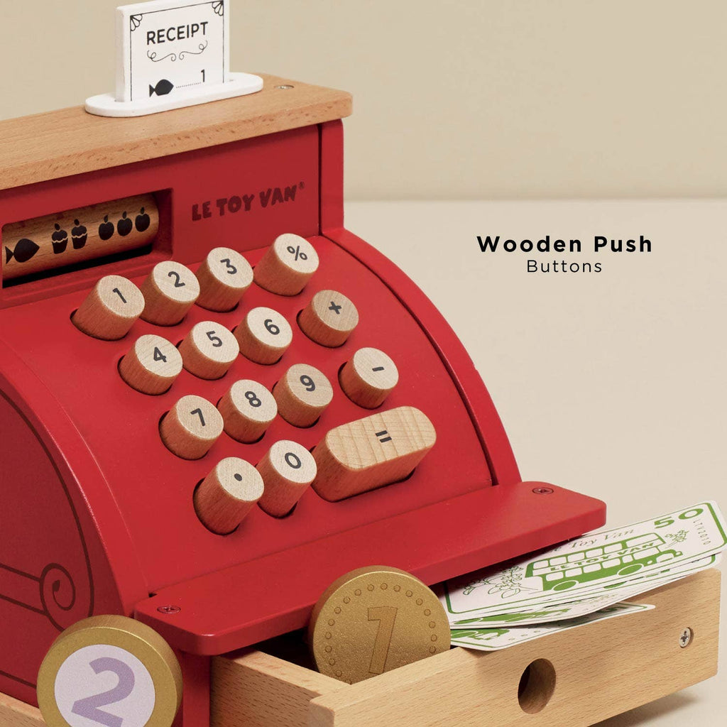 The Cash Register & Money set includes red wooden push buttons, a wooden receipt, play coins, and play money—perfect for educational roleplay fun. "Wooden Push Buttons" is printed in the background.