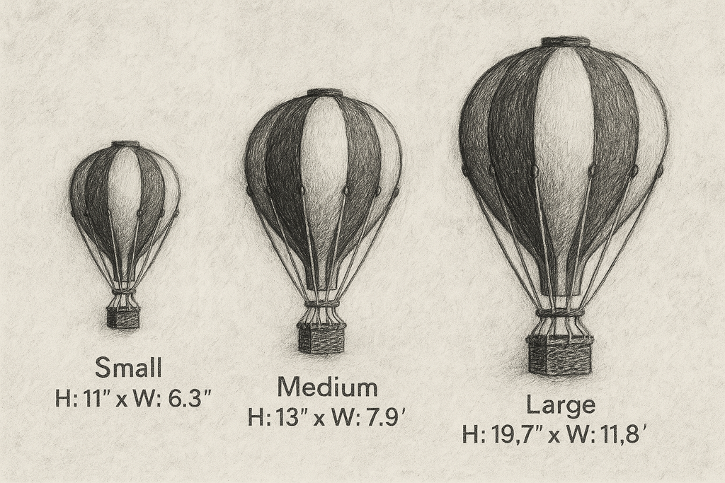 Three handmade Hot Air Balloon - Light Brown / Navy Blue decor pieces in Small (11"x6.3"), Medium (13"x7.9"), and Large (19.7"x11.8") sizes make charming wooden accents for kids' rooms, with measurements shown under each illustration.