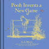 The cover of Winnie-the-Pooh: Pooh Invents a New Game shows Pooh and Christopher Robin by a fence, with yellow line art and butterflies on a blue background—perfect for children’s stories.