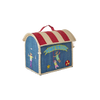 Introducing the Raffia Kids Bag with Circus Theme: a rectangular, woven basket bag boasting blue sides, a red and beige striped roof, and delightful circus-themed embroidered details—including performers, a star, a ball, and a yellow “Circus” banner on the front. Thoughtfully handcrafted from durable raffia, this charming accessory perfectly combines playful style with long-lasting quality.