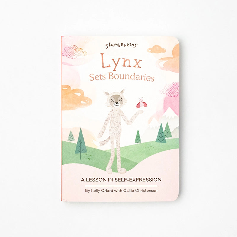 Illustrated children's book cover titled "Slumberkins Lynx Kin + Lesson Book On Self Expression" by Kelly Oriad with Callie Christensen, featuring a lynx in a gentle.