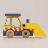 The No. 38 GT220 Vince | Made in England is a wooden toy bulldozer featuring yellow and red stripes, two wooden wheels, and a blue roof—perfect for imaginative play or as a classic wooden front loader for construction fun—photographed against a plain light background.