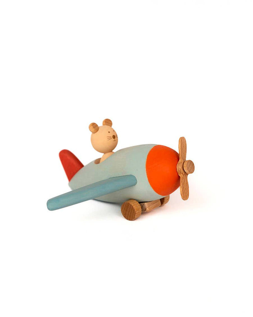 The Sabo Concept Aviator Mouse is a wooden toy plane with blue wings, red tail, orange nose, and a small mouse in the cockpit—perfect for imaginative play. The propeller sits at the front against a white background.