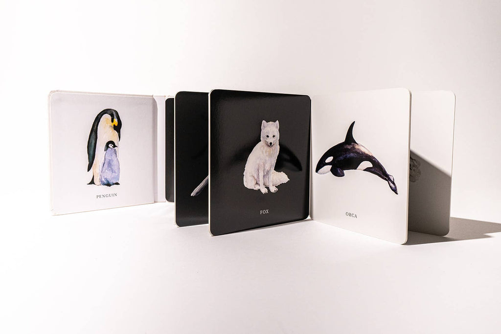 Three standing animal flashcards from the Black and White Contrast Book for Baby display high-contrast images of a penguin, a fox, and an orca, each labeled with its name below the corresponding illustration—perfect for supporting visual development as part of a black-and-white baby book collection.