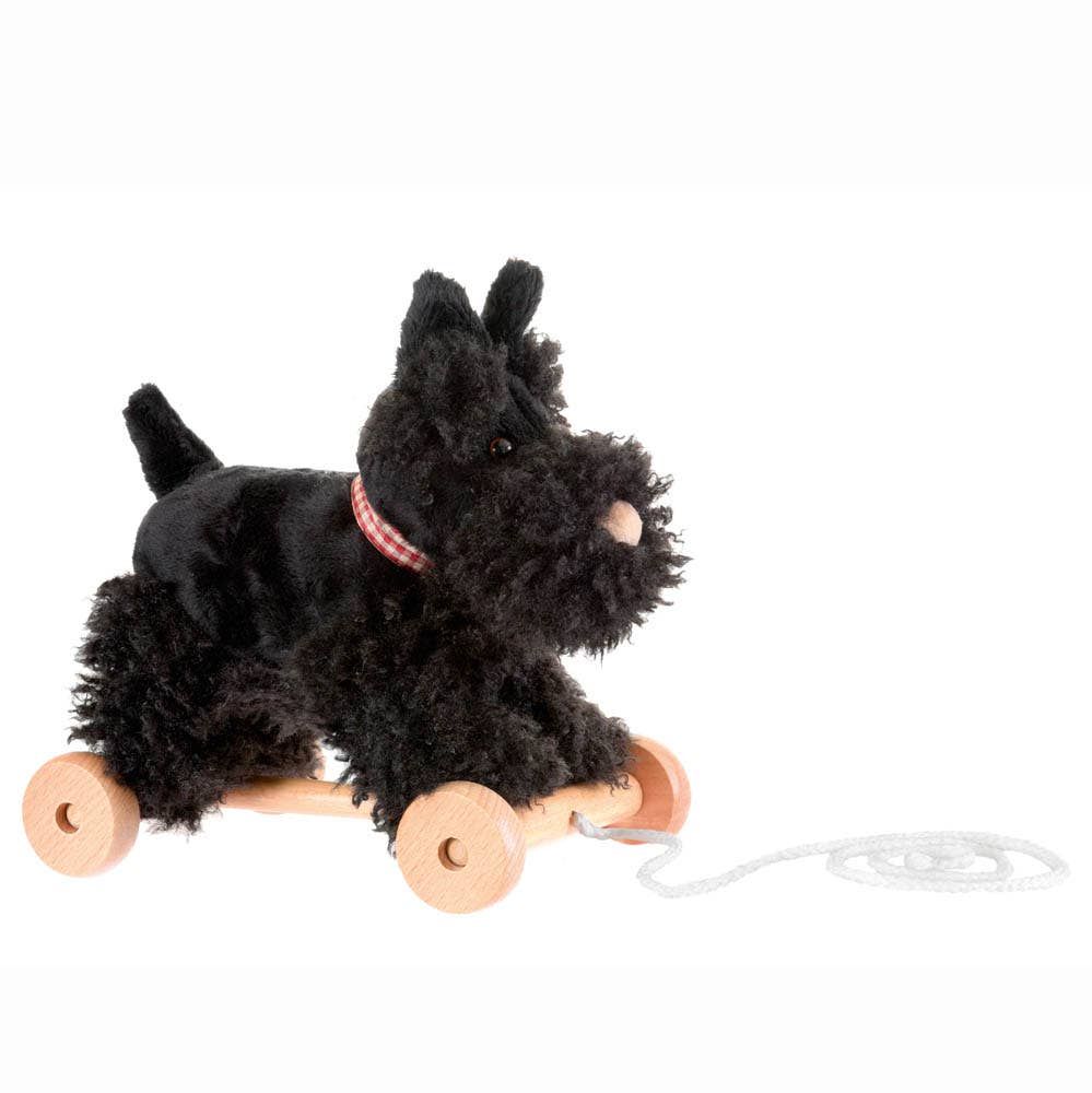 Pull-Along Walter is a plush black dog toy featuring a red plaid collar, mounted on four sturdy wooden wheels and equipped with a white pull string at the base—making it an adorable pull-along toy that helps develop gross motor skills.