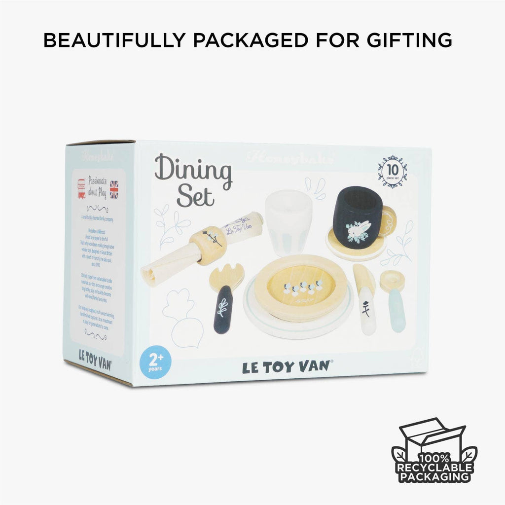 Cutlery & Dinner Set wooden dining set for pretend play in a box, including a plate, bowl, cup, fork, knife, and spoon.