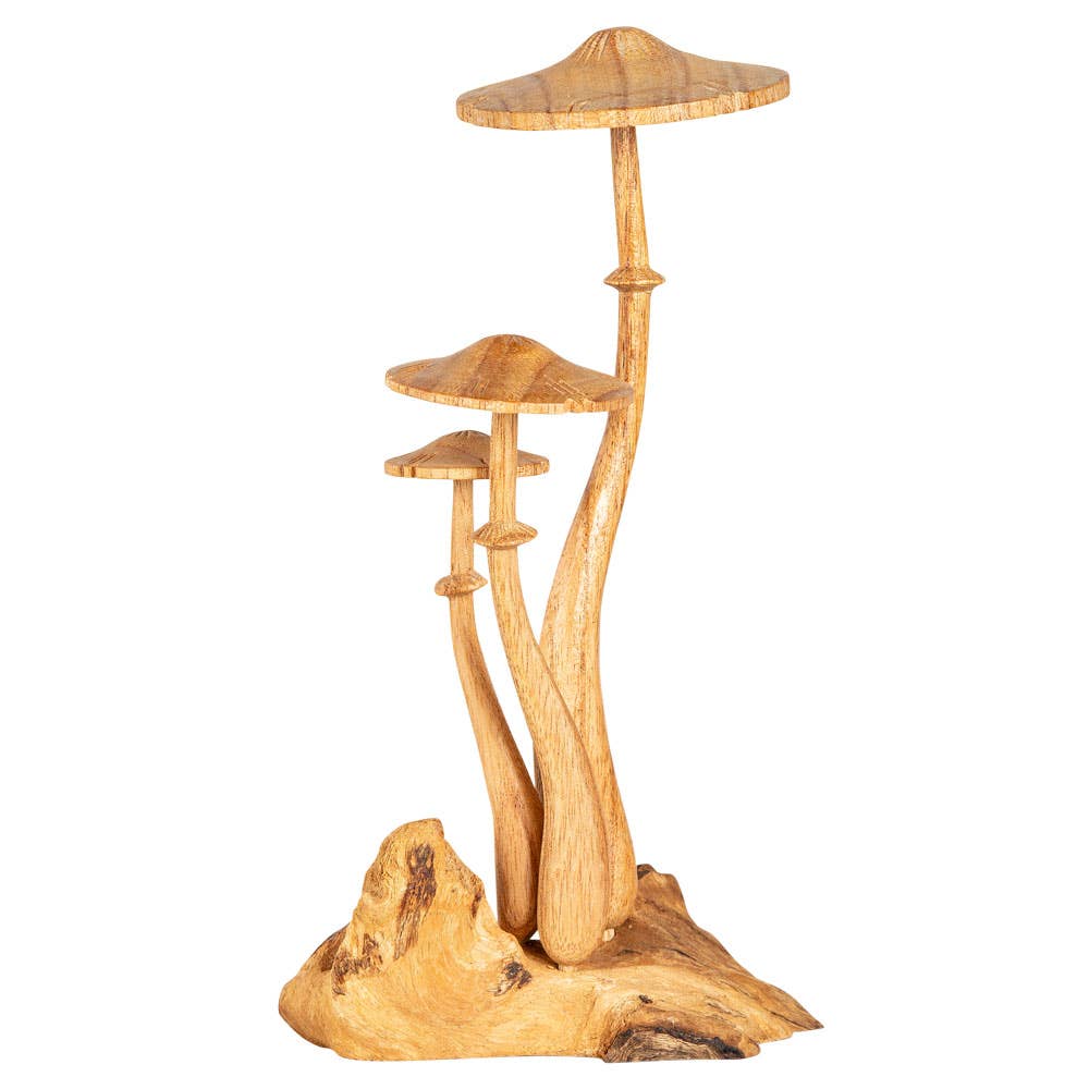 Introducing the Small Wooden Mushroom Trio—a beautifully crafted decorative display featuring three wooden mushrooms with tall, slender stems and wide caps, all emerging from a natural-looking wooden base. This charming driftwood figurine is perfect for adding a touch of nature-inspired charm to any space.