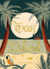 The Collector's Edition "Treasure Island" by Stevenson, a hardcover book, features an illustrated cover with palm trees, a parrot, a skull-and-crossbones flag on a boat under a large moon reflecting on the water, with a sandy shore in the foreground.