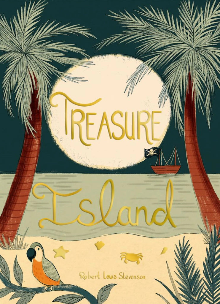 The Collector's Edition "Treasure Island" by Stevenson, a hardcover book, features an illustrated cover with palm trees, a parrot, a skull-and-crossbones flag on a boat under a large moon reflecting on the water, with a sandy shore in the foreground.