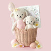 A woven basket holds two Cuddle + Kind Eleanor the Lamb dolls, pastel eggs, and flowers, with a book and a decorated wand in the background, all set against a pale pink backdrop.