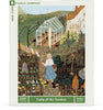 Lady of the Garden - 750 Piece Spring Jigsaw Puzzle box featuring an illustration of a woman walking through a garden toward a greenhouse, accompanied by three white ducks.