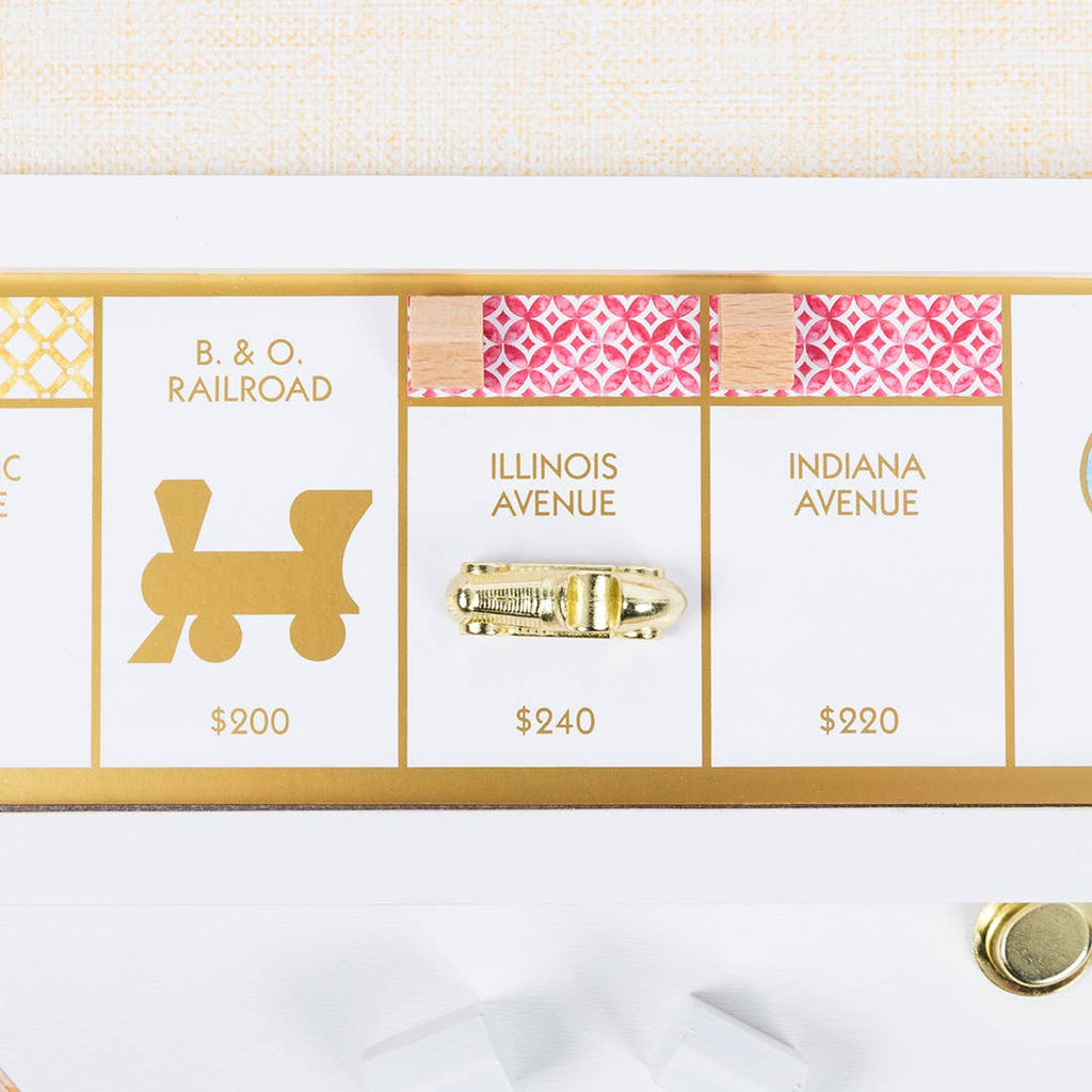 A gold-colored metal thimble token rests on Illinois Avenue on the Monopoly Bianco Edition game board, which also features the B. & O. Railroad and Indiana Avenue spaces.