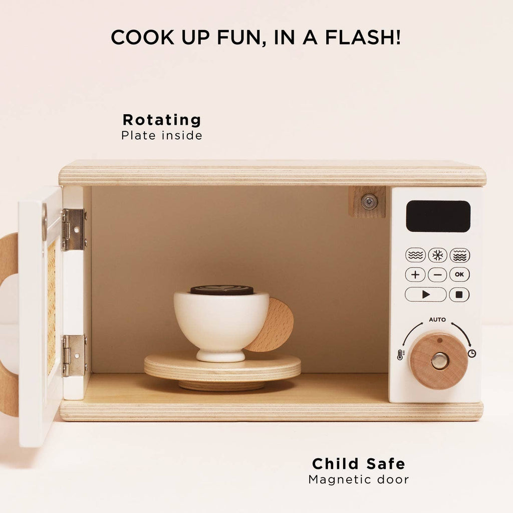COOK UP FUN, IN A FLASH! The Wooden Microwave (ships in one week) includes a bowl, rotating plate, magnetic child-safe door, and control buttons—all crafted from sustainable wood. A perfect addition to any play kitchen.