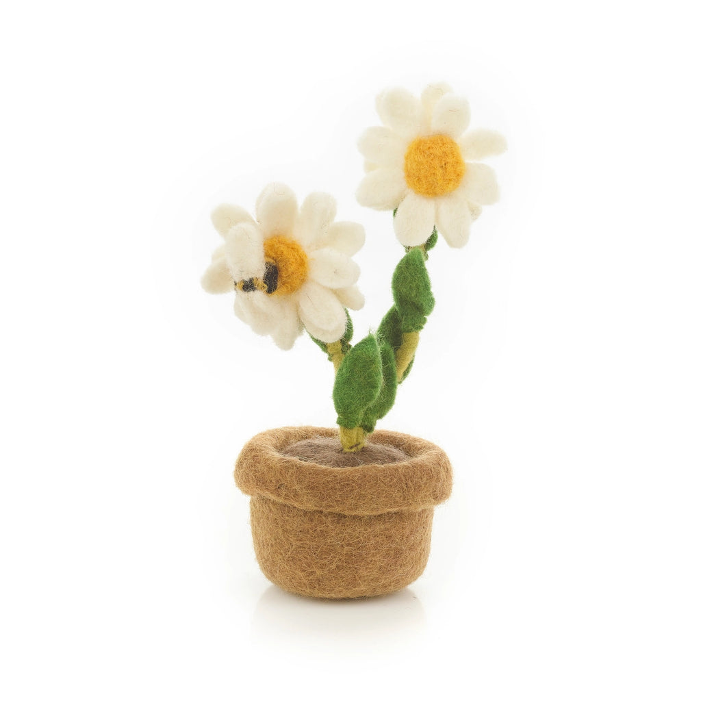 A Handmade Felt Flower Pot - Daisy depicting two white daisies with yellow centers and a small bee, arranged in a felt brown pot, isolated on a white background.