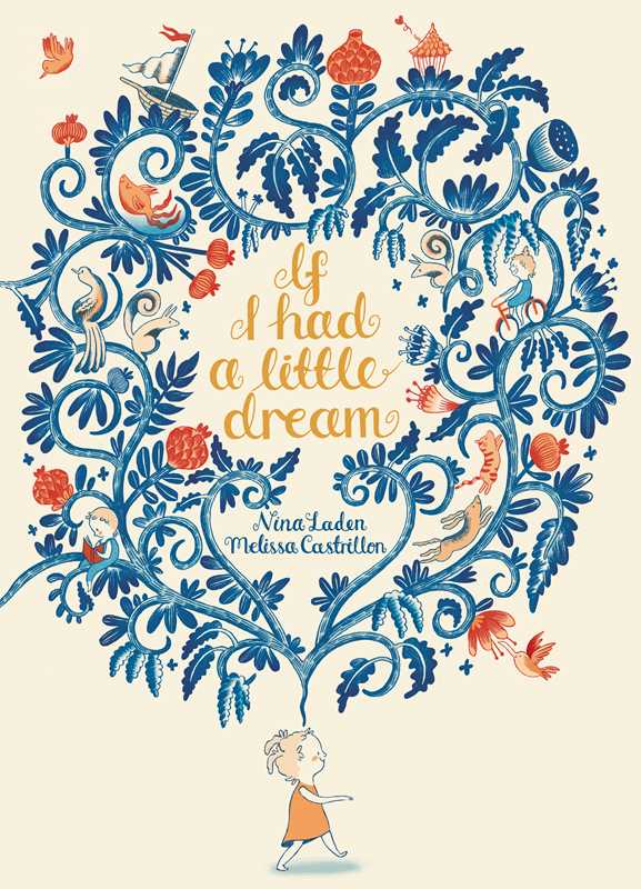 The cover of "If I Had a Little Dream" by Nina Laden features a child gazing up at blue and orange flowers, leaves, birds, and animals forming a heart shape around the title, capturing the wonder of childhood.